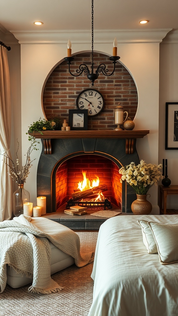 A cozy bedroom with a fireplace, candles, and soft blankets, creating a romantic atmosphere.
