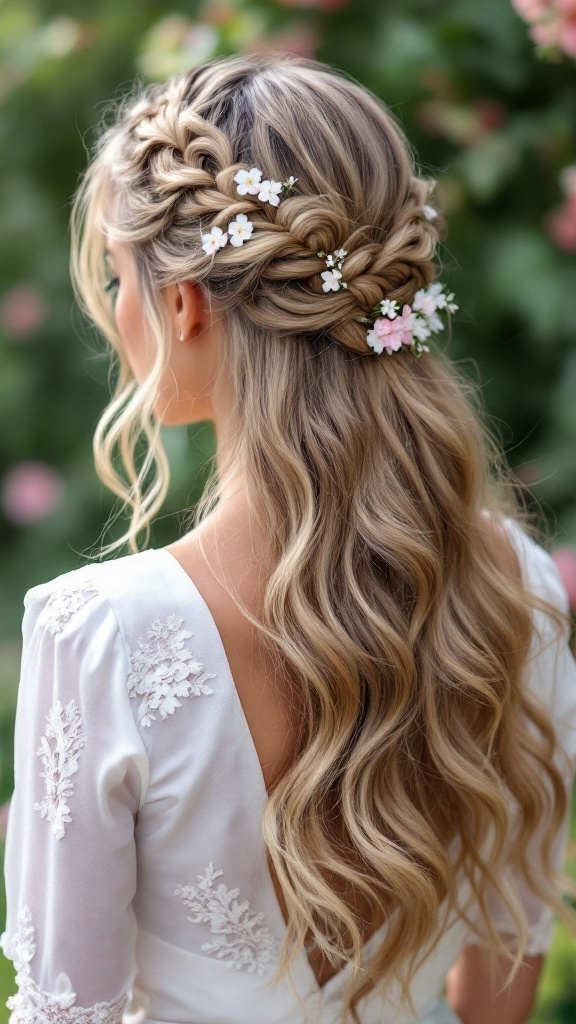 A back view of a woman with a fishtail braid and loose waves, adorned with small flowers.