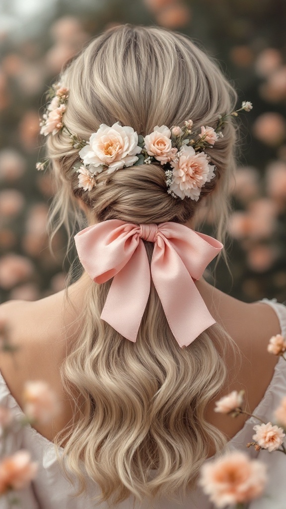A romantic hairstyle featuring soft blonde waves, floral accents, and a pink bow at the back.