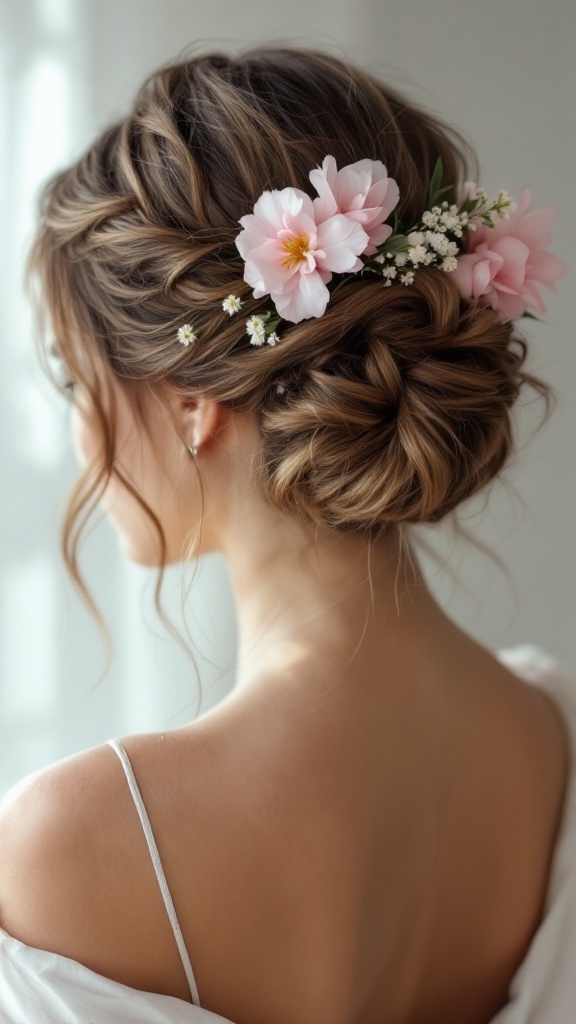 A romantic half-up bun hairstyle adorned with pink flowers and loose waves.