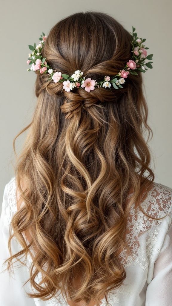 A half-up hairstyle featuring romantic curls and a floral crown
