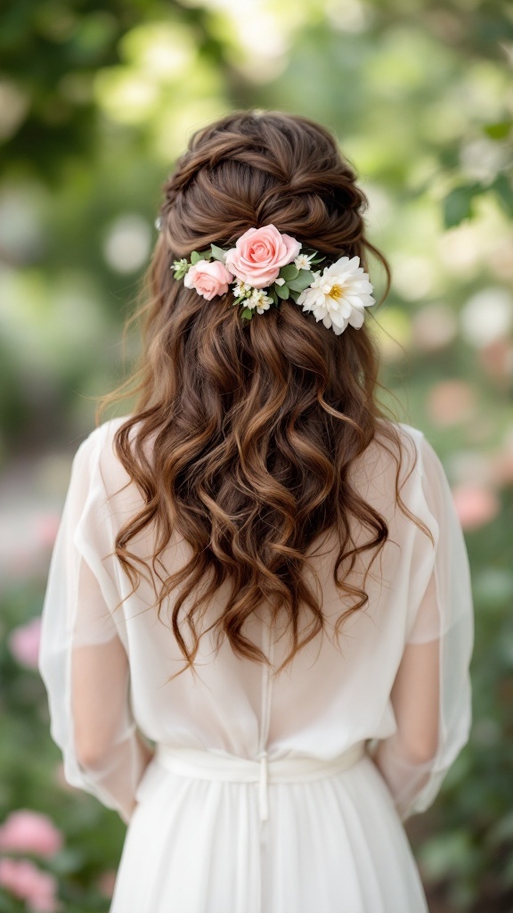 A romantic half-up curly hairstyle adorned with pink roses and white daisies.