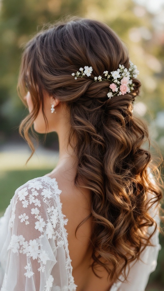 A woman with natural curly hair styled in a half-up hairstyle adorned with flowers, wearing a lace wedding dress.