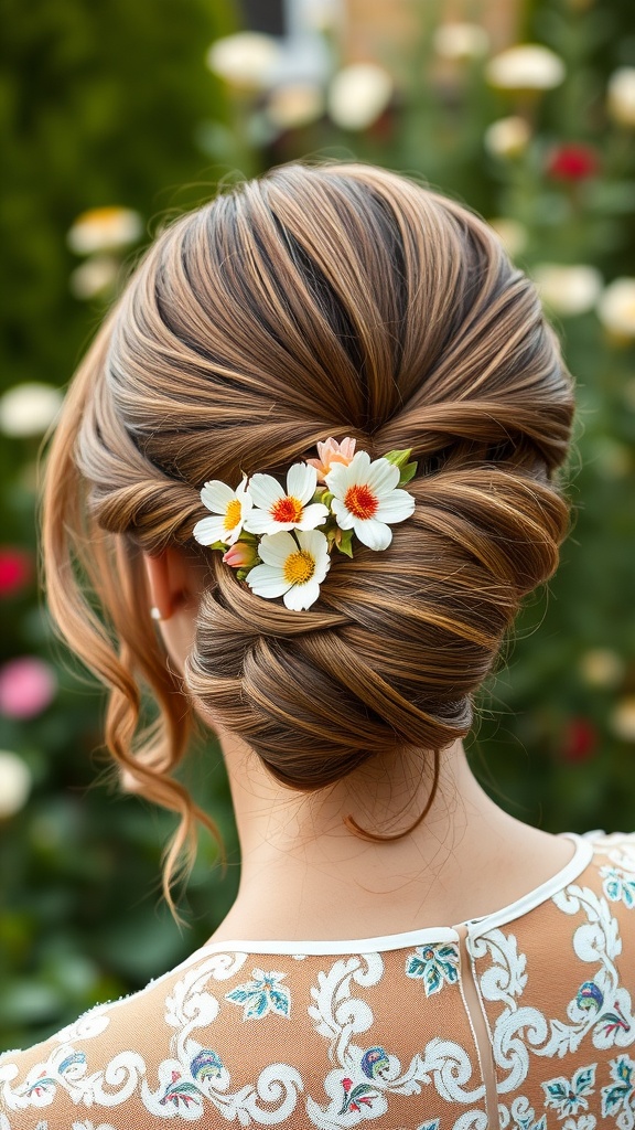 Half-up hairstyle with floral accents