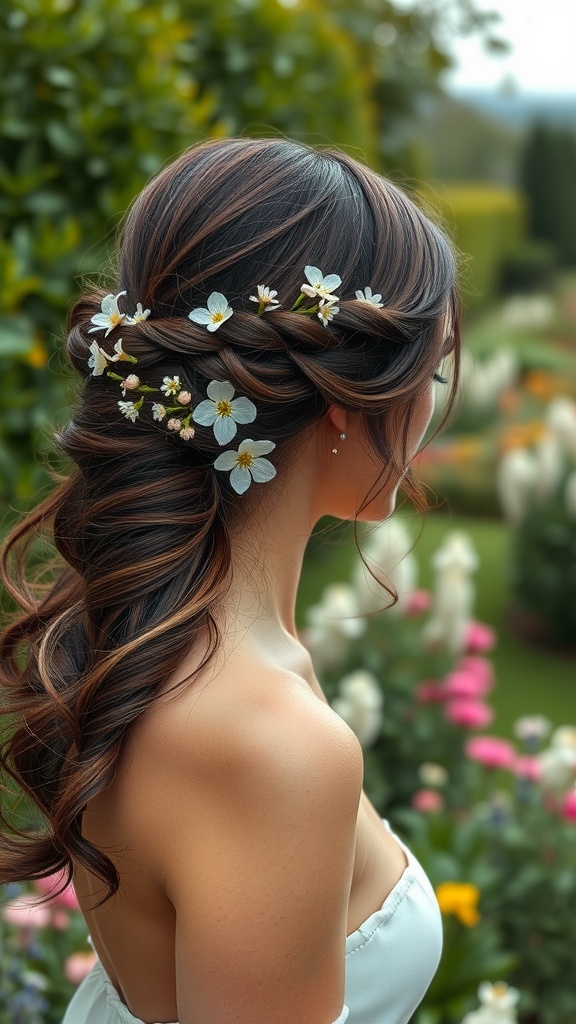 A woman with a romantic half-up half-down hairstyle adorned with flowers, set in a lush garden