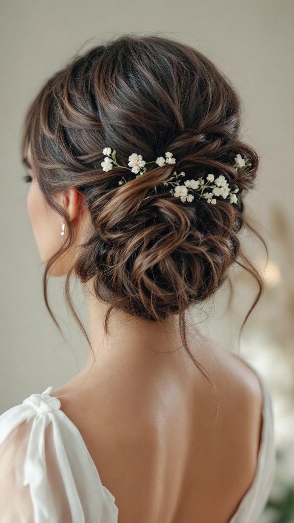 Brunette half-up half-down hairstyle adorned with small flowers