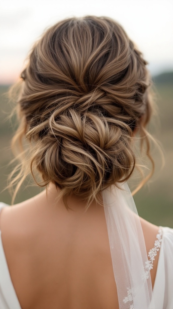 A romantic half-up, half-down bun hairstyle for a wedding, featuring loose waves and a veil.