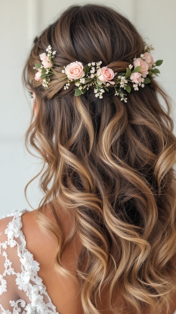 A woman with medium-length hair styled in half-up half-down curls adorned with pink roses and greenery.