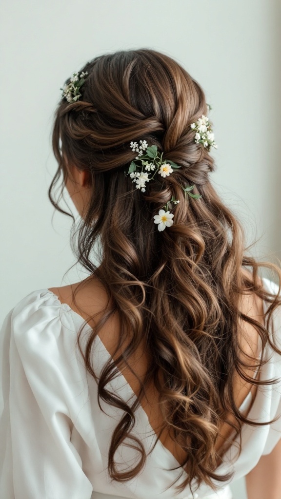 Half-up half-down hairstyle with romantic curls and floral accents.