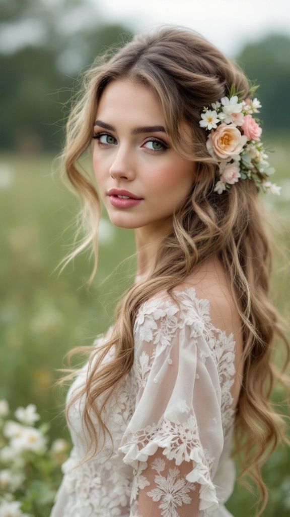 A woman with half-up, half-down curls adorned with flowers, wearing a floral lace dress