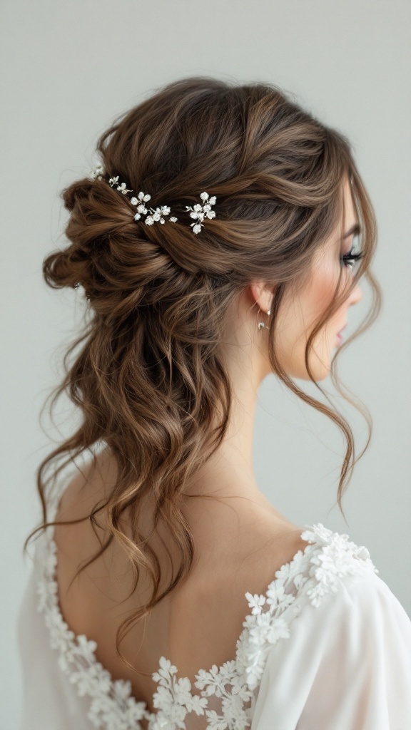 A romantic half-up half-down hairstyle with waves and floral accessories