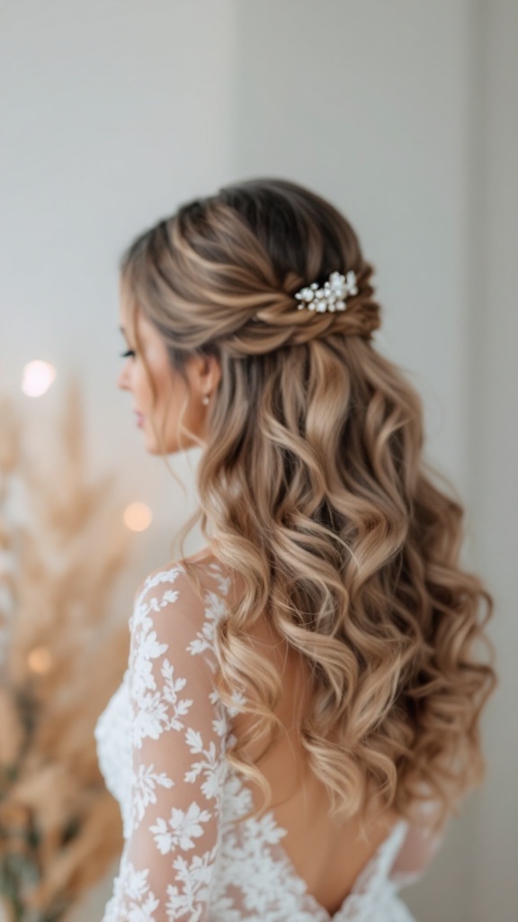 A bride with long hair styled in a romantic half-up half-down hairstyle, featuring loose curls and a decorative hairpiece.