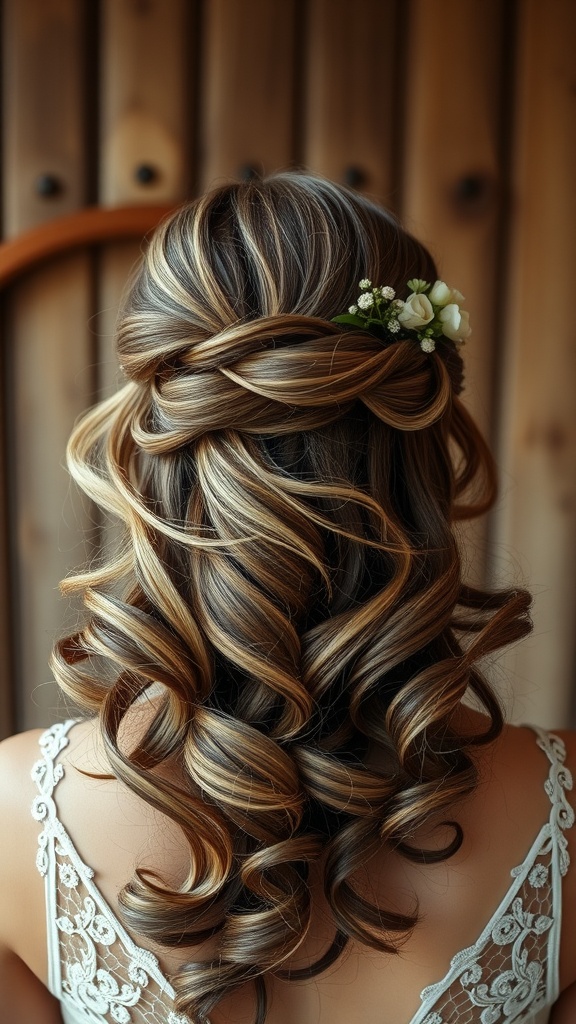 A romantic half-up half-down hairstyle with soft waves and delicate flowers