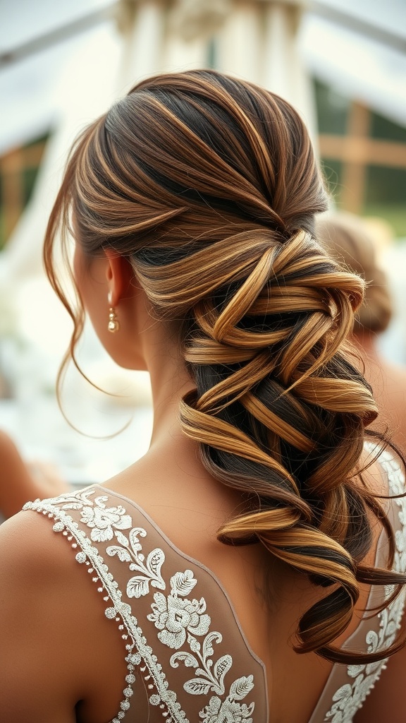 A romantic half-up ponytail hairstyle featuring curls and intricate twists.