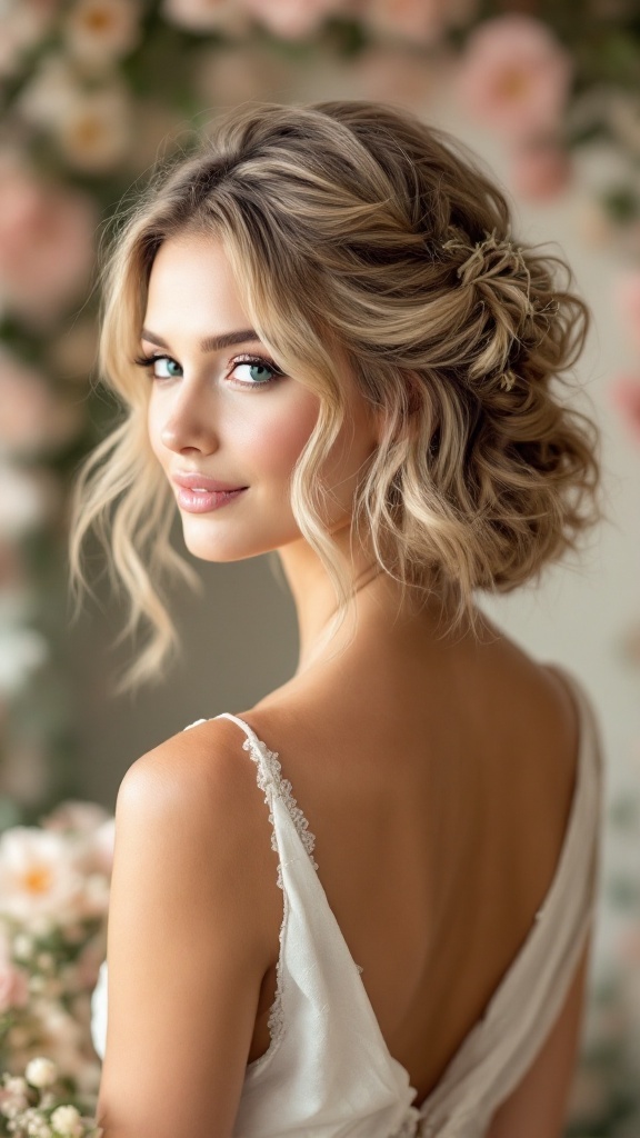 A woman with short hair styled in a romantic half-up hairstyle, featuring soft waves and a floral backdrop.