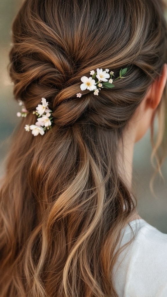 A romantic half-up twist hairstyle adorned with small flowers.