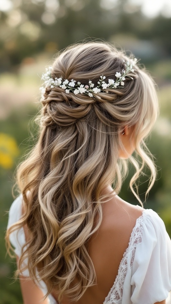 A romantic half-up hairstyle featuring face-framing bangs and soft waves, adorned with floral accessories.