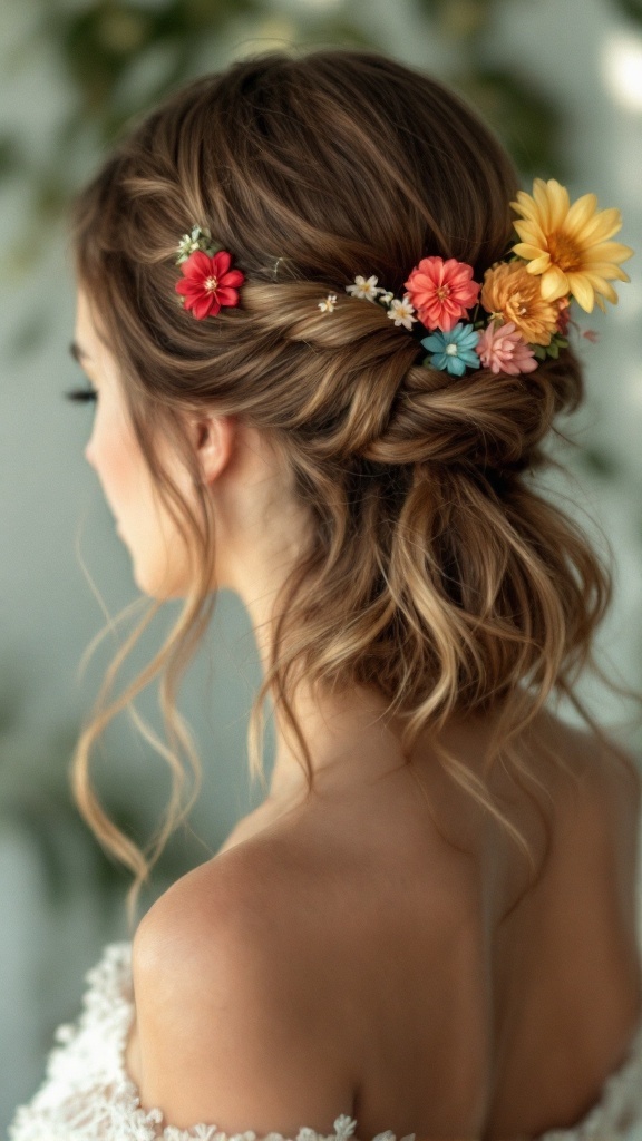 A woman with a romantic half-updo hairstyle adorned with colorful flower clips.