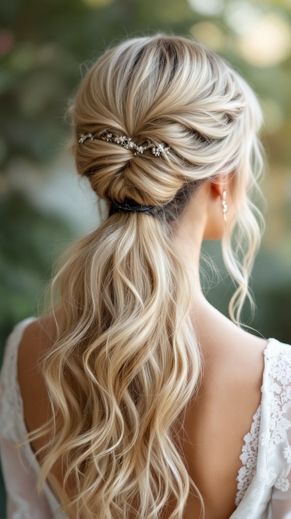 Half-up half-down wedding hair with romantic waves and floral hairpins