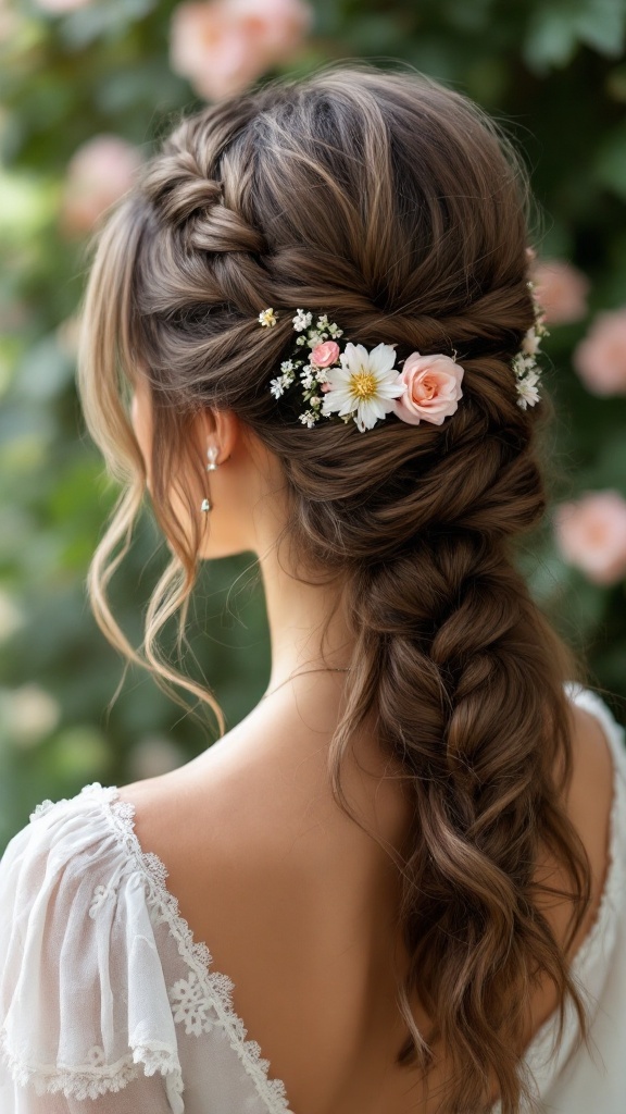 A woman with a romantic half up braided bun decorated with flowers and soft curls.