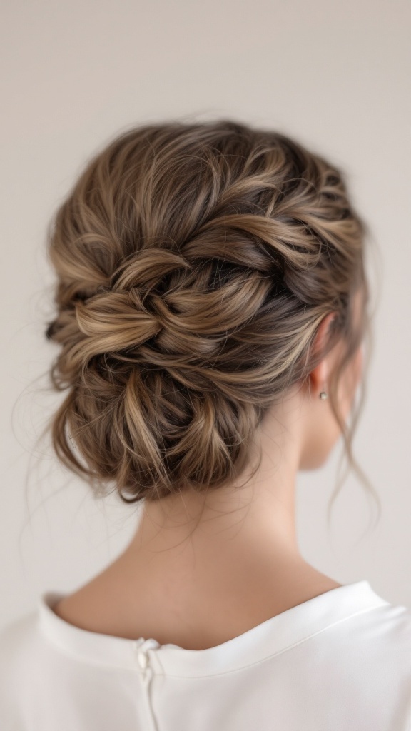 A romantic half up twist hairstyle with soft twists flowing into a loose bun.
