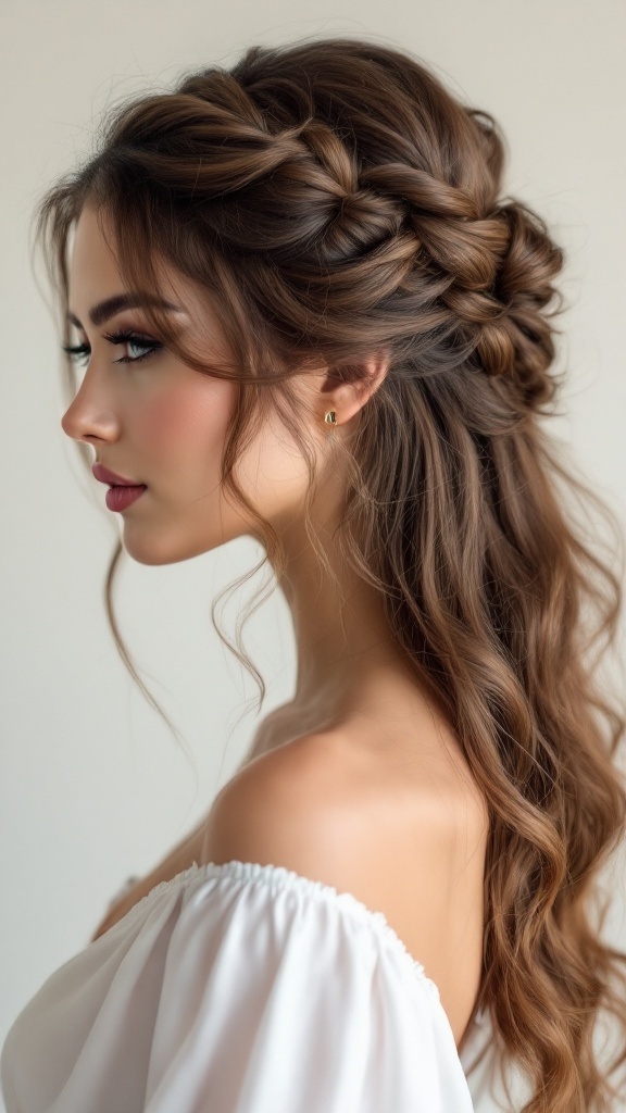 A side view of a woman with romantic half up half down hairstyle featuring twisted sections and cascading curls.