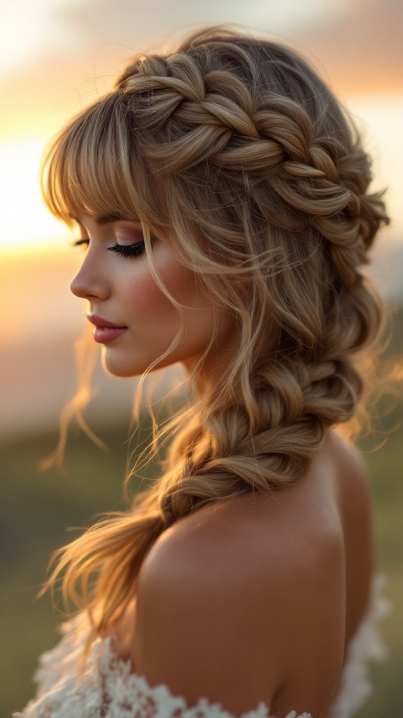 A woman with a romantic halo braid hairstyle featuring bangs, standing against a soft sunset background.