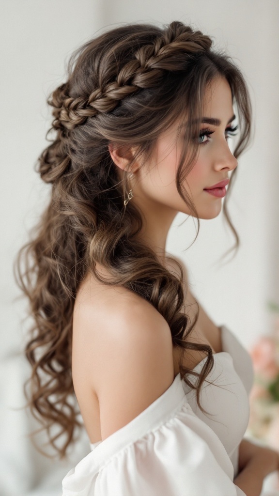 A woman with a romantic halo braid and cascading curls, showcasing a boho wedding hairstyle.