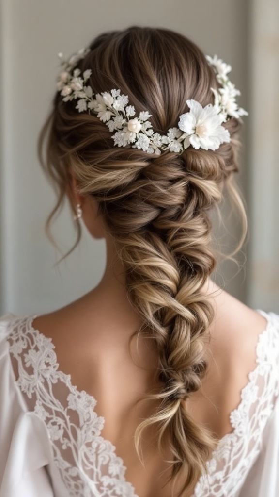 A beautiful romantic halo braid hairstyle adorned with floral accents, viewed from the back.