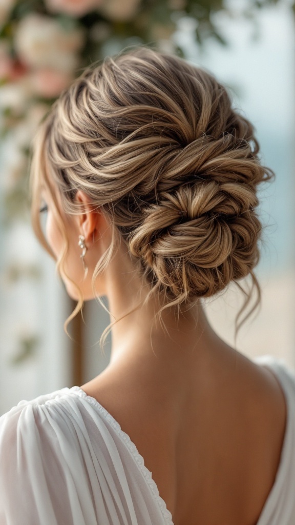 A romantic knot hairstyle with soft tendrils framing the face, ideal for a bridesmaid.