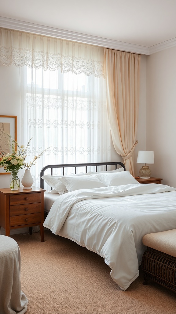 A cozy bedroom featuring romantic lace curtains, soft bedding, and warm decor.