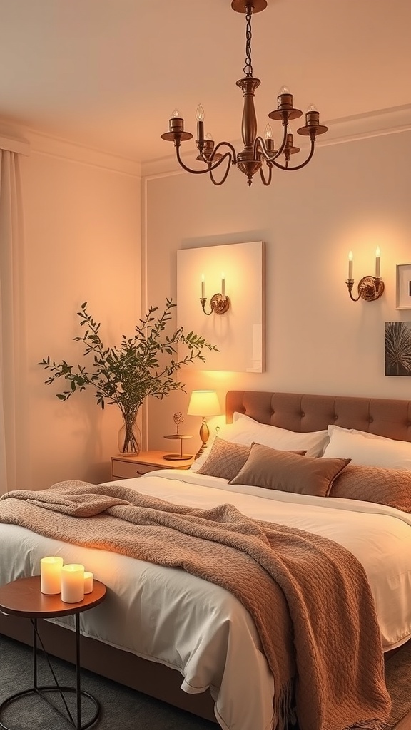 A cozy bedroom with warm lighting, featuring a chandelier, wall sconces, a bedside lamp, and candles.