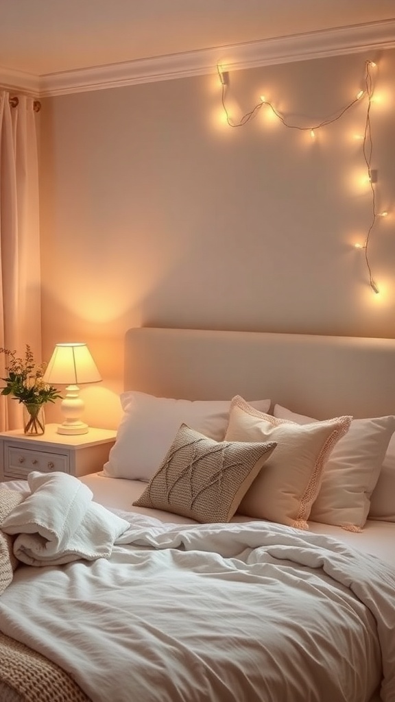 Cozy bedroom with warm lighting, including a bedside lamp and fairy lights on the wall.
