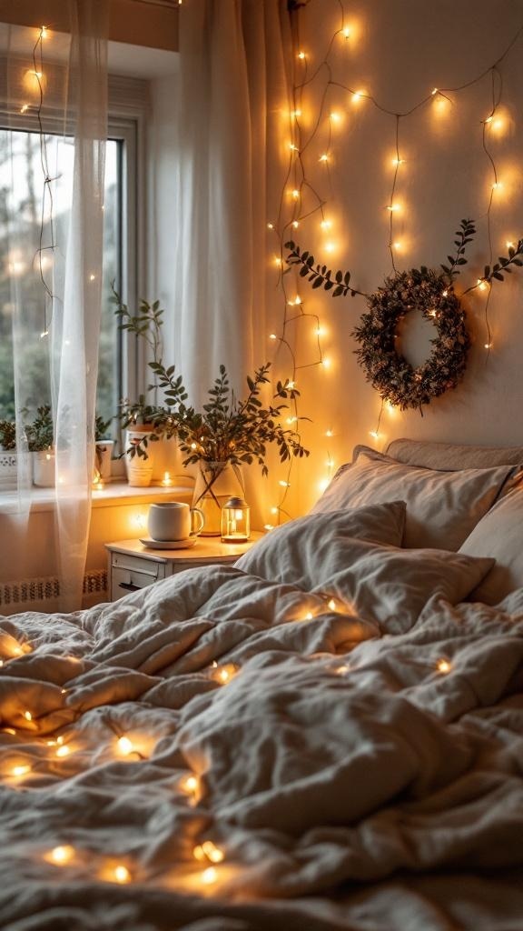 A cozy bedroom with warm string lights, a neatly made bed, and decorative plants, creating a romantic atmosphere.