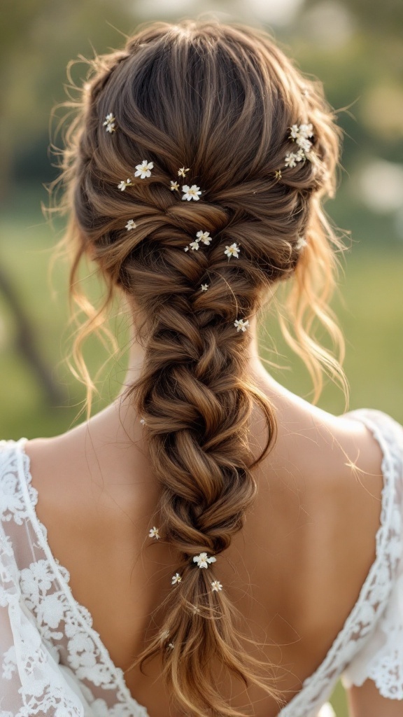 A romantic loose braid adorned with small white flowers