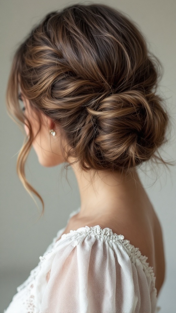 A woman with medium hair styled in a romantic loose bun, featuring soft waves and loose tendrils.