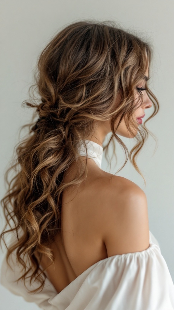 A woman with loose romantic curls wearing a high neck dress.