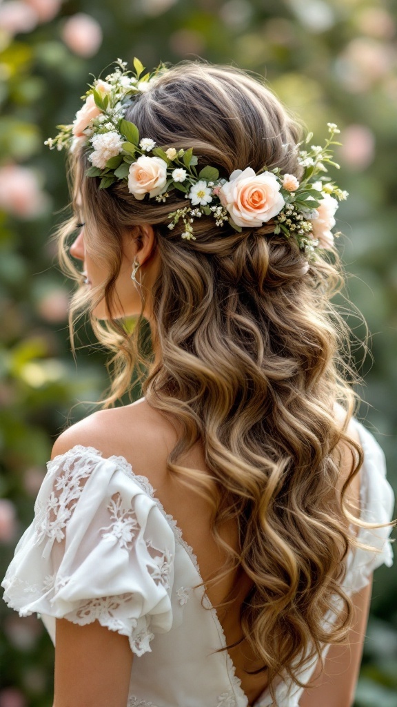 A beautiful hairstyle featuring loose curls adorned with a flower crown, showcasing romantic elegance.