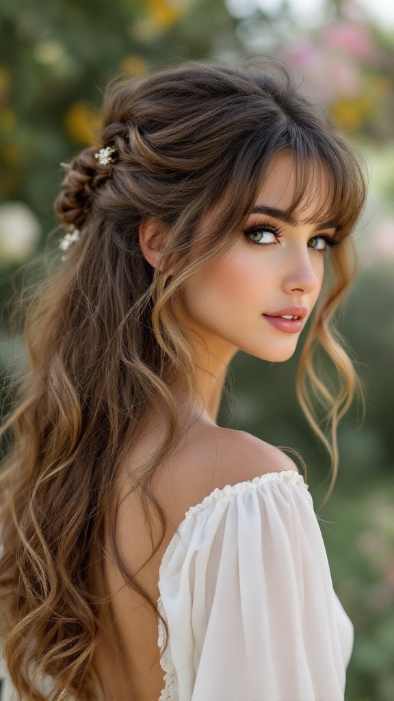 A woman with half up half down hairstyle featuring loose curls and bangs, dressed in a white off-shoulder top.