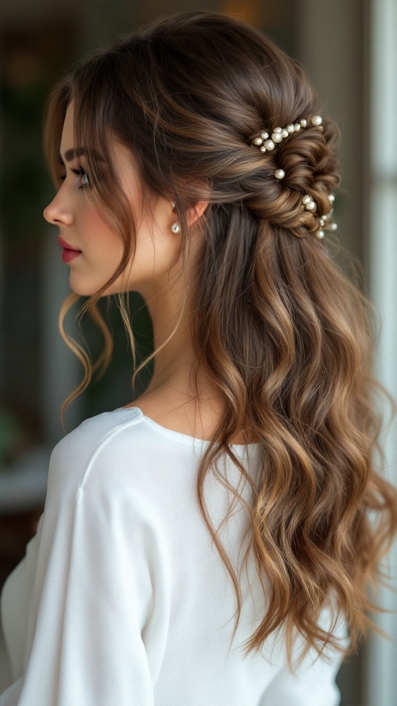 Half up half down hairstyle featuring romantic loose curls and a twist, adorned with pearls.