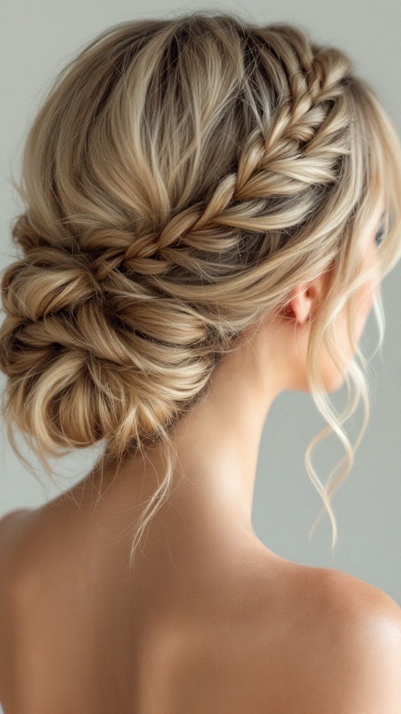 A romantic loose low bun hairstyle with braids, showcasing elegance and a relaxed style.