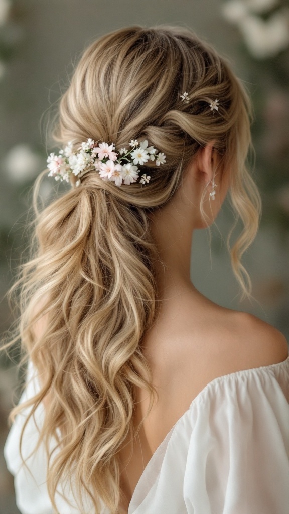 A romantic loose ponytail hairstyle with waves, adorned with delicate flowers.