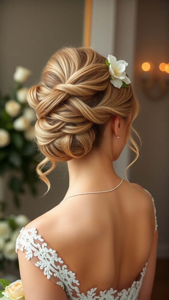 A woman with a romantic loose updo hairstyle decorated with a flower, showcasing a soft and elegant look.