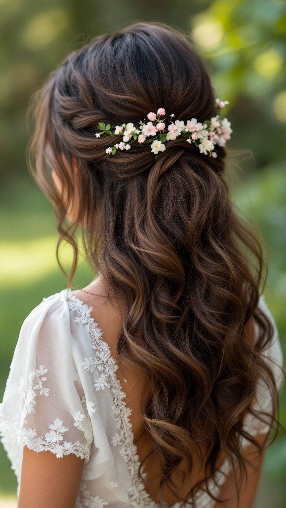 A woman with loose wavy hair and floral accents, wearing a lace dress