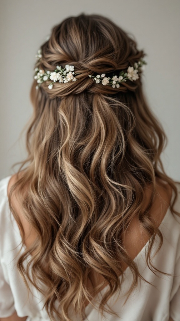 Loose waves hairstyle with floral accents