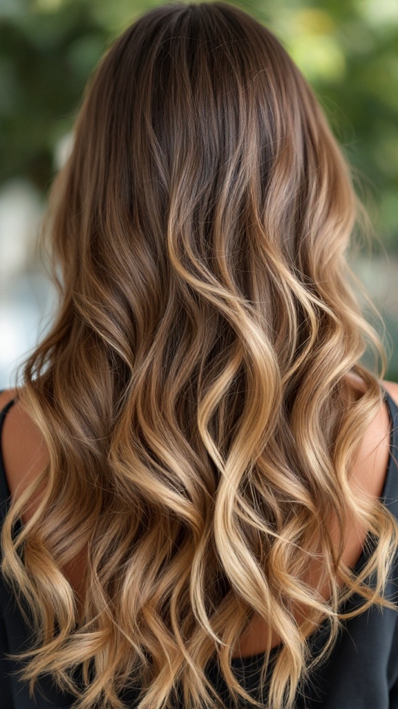 A woman with long hair styled in romantic loose waves, showcasing warm tones and a soft, flowing appearance.