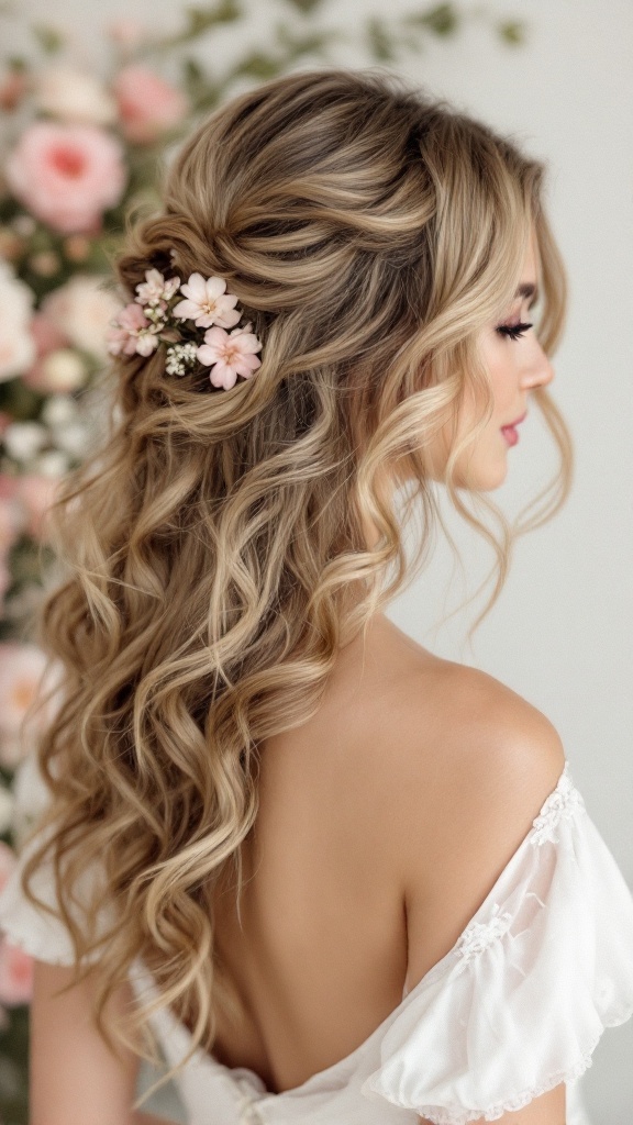 A woman with romantic loose waves hairstyle adorned with flowers, showcasing a soft and elegant look.