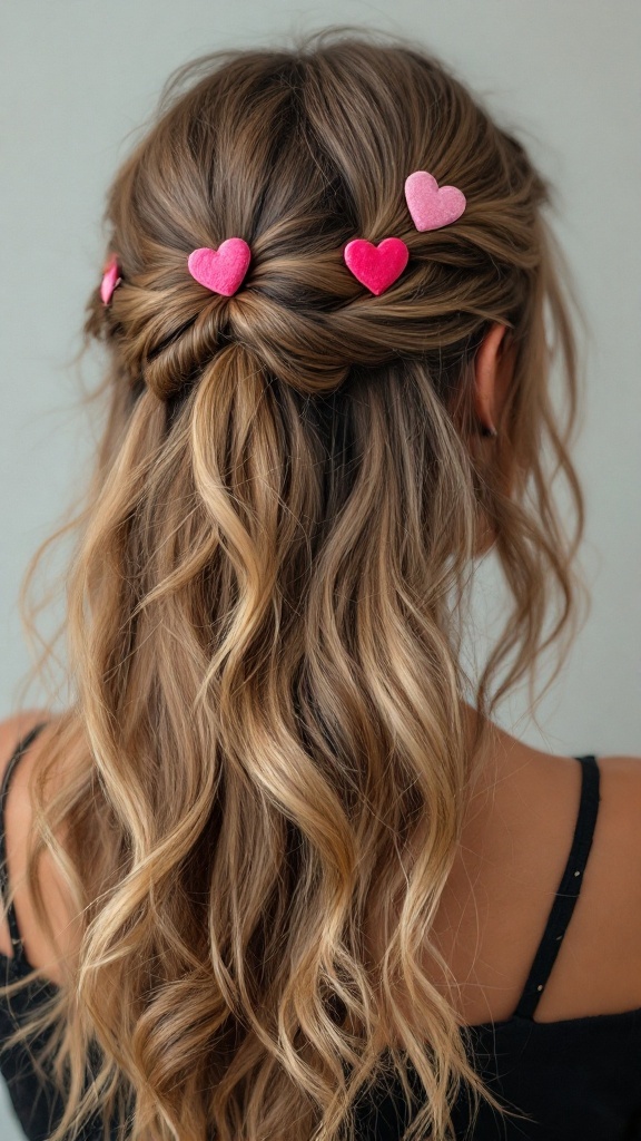 A woman with loose waves and heart-shaped clips in her hair.
