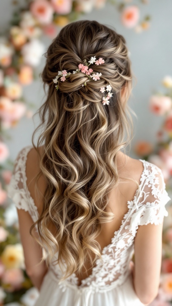 A bridesmaid hairstyle featuring romantic loose waves adorned with small flowers.