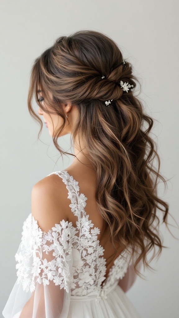 A woman with black hair styled in romantic loose waves, adorned with floral hairpins, wearing an elegant white dress.